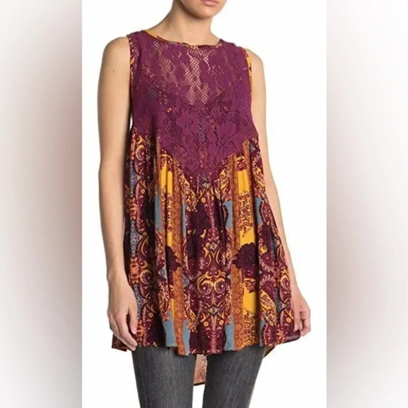 NWT Free People Count Me In Sleeveless Lace Bodice Panel Trapeze Tunic Top Small - Picture 1 of 9